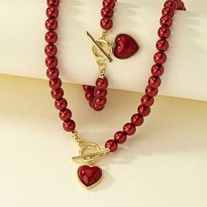 Red Beaded Necklace & Bracelet Set with Heart Charm – Gold Toggle Closure – 17.3